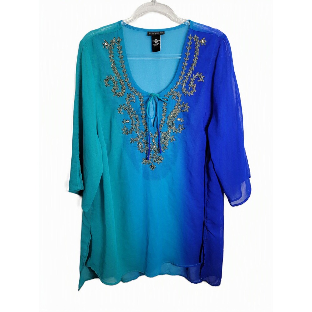 Catherines Women 1X Tunic Blue Ombre Beaded Embroidered Sheer V-Neck Blouse